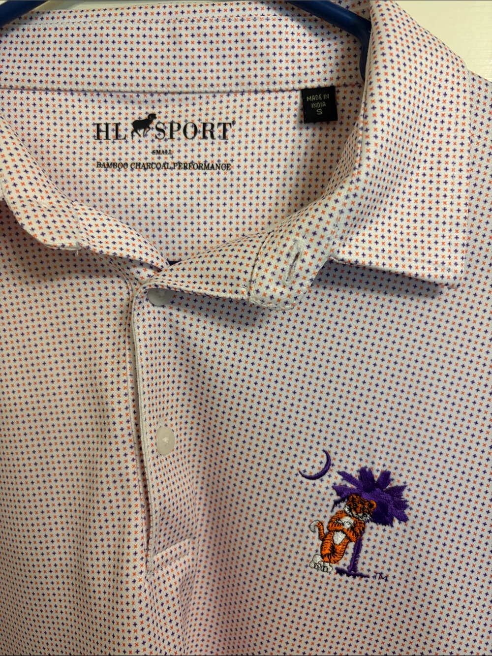 Men’s Clemson purple and orange Smith and James HL Sport Micro-Print Polo